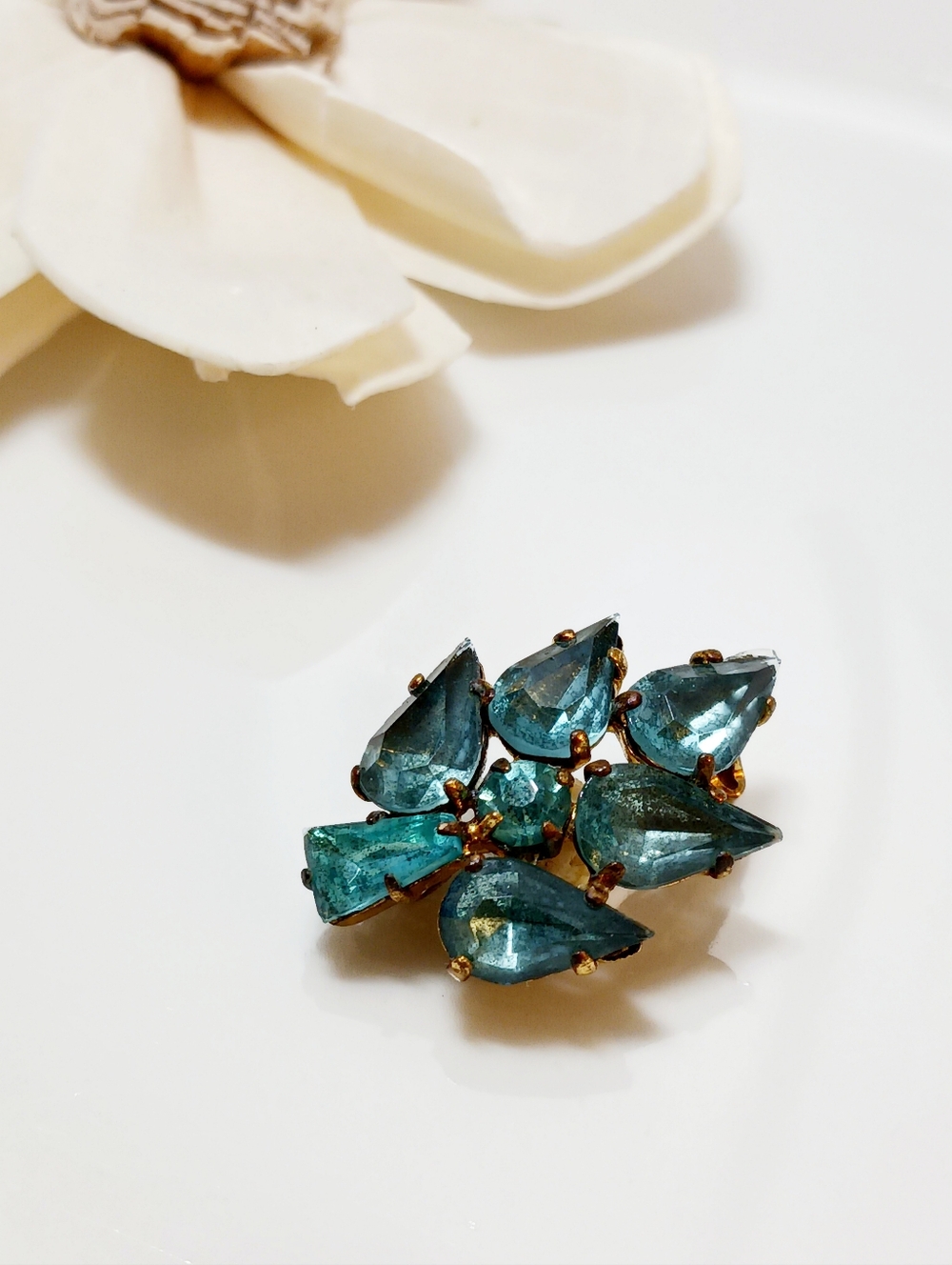 Vintage Czech Crystal Aqua Glass Brooch Mid Century Leaf Cluster